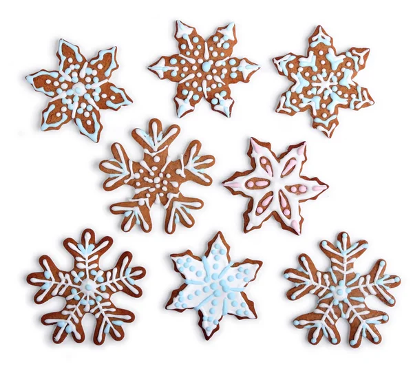 Homemade Snowflake Shaped Gingerbread Cookies Sugar Icing White Background Isolated — Stock Photo, Image