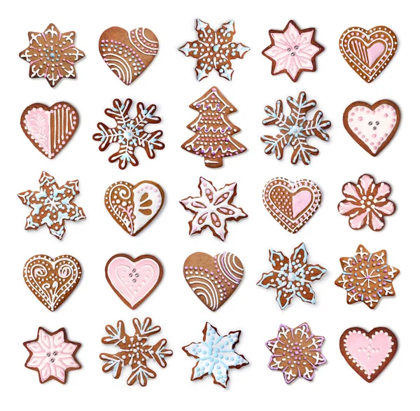 Home Made Christmas Gingerbread Cookies Icing Decoration Collection Isolated White — Stock Photo, Image