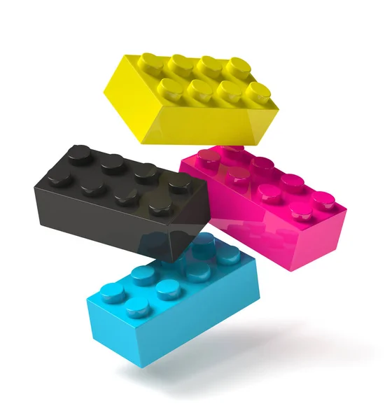 3Dおもちゃの建物ブロックの4つの印刷プロセスCmyk色シアンマゼンタ空中で黄色の黒飛行 — ストック写真