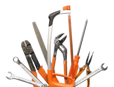 Çizikleri olan gerçekçi DIY el araçları, işte giyilen, beyaz arka planda izole edilmiş