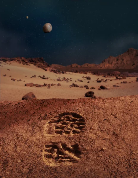 Ilustracja Pierwszego Śladu Człowieka Piaszczystej Skalistej Planecie Mars Krajobraz — Zdjęcie stockowe