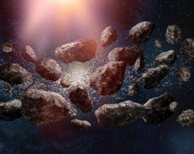 Yıldız alanı arkaplanındaki uzayın derinliklerinde göktaşı Kuiper kuşağı
