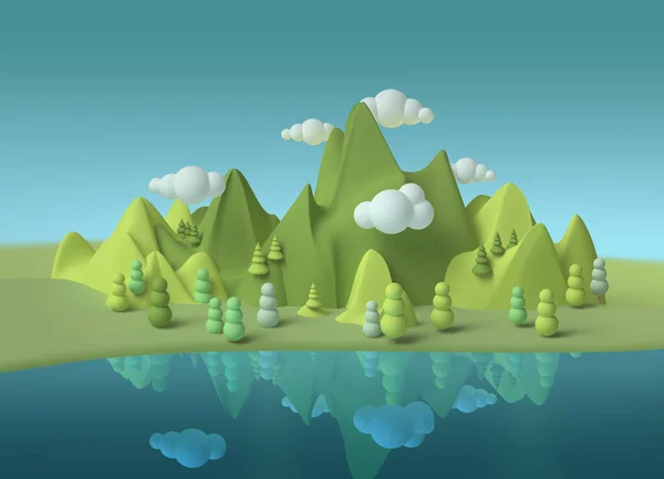 Fantaisie Monde Rêve Vert Montagnes Bleu Lac Paysage Avec Des — Photo