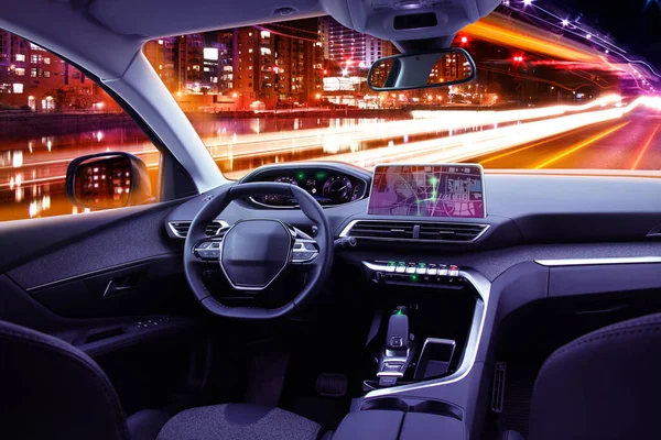 Modernes Cockpit Interieur Nachtverkehr Navigations Oder Autonomes Fahrkonzept — Stockfoto