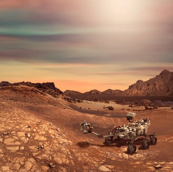 Ilustrace Vytrvalostního Vozítka Skalnaté Krajině Planety Mars Některé Prvky Poskytla — Stock fotografie