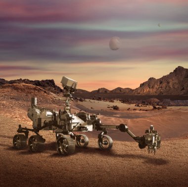 Perseverance Rover 'ın Mars Gezegeni' nin kayalık yüzeyini keşfettiği bir tasviri. NASA tarafından döşenmiş bazı elementler.