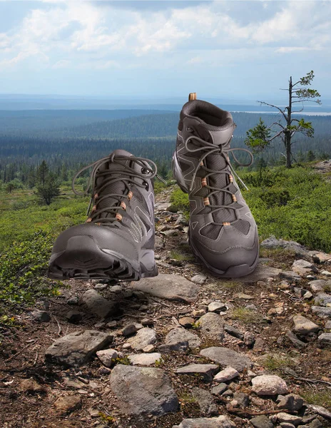 Sepatu Bot Hiking Berjalan Onstony Latar Belakang Jalur Liar Konsep — Stok Foto