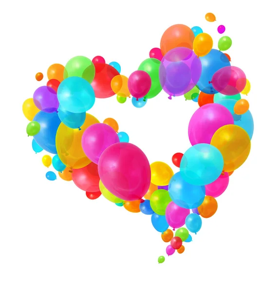 Kleurrijke Ballonnen Vliegen Hartvorm Formatie Witte Achtergrond — Stockfoto