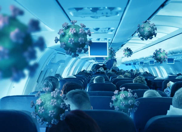 Virus Aerotransportados Con Pasajeros Que Viajan Cabina Avión Clase Economía — Foto de Stock