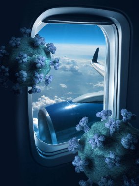 Jetle seyahat eden virüsler, mavi gökyüzündeki uçak penceresinden görüş.