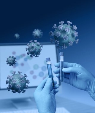 Tıbbi analiz ve korona virüsü testi için ellerinde test tüpleri var.
