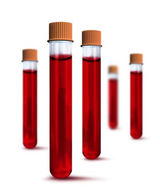 Tıbbi laboratuvar analizi ve korona virüsü testi için kan dolu test tüpleri beyaz arka planda izole edildi.