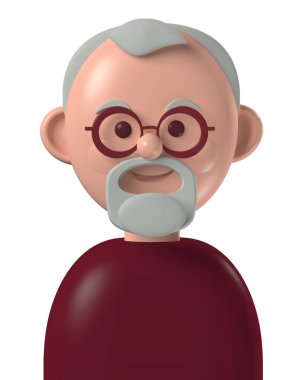 Çizgi film karakteri 3d avatar mutlu beyaz arka planda soyutlanmış gri sakallı yaşlı beyaz adam