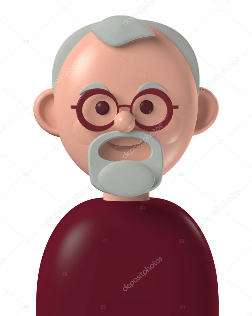 Cartoon character 3d avatar happy older caucasian man with grey beard, isolated on white background