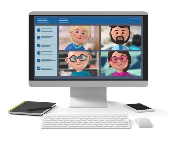 Happy Members Remote Business Team Meeting Online Desktop Application Character — Stock Photo, Image