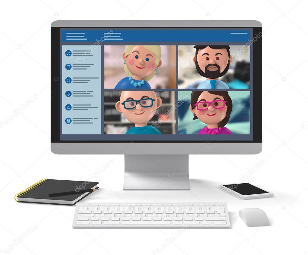 Happy members of remote business team meeting online on desktop application 3d character illustration