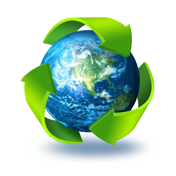 Green arrows symbol around blue Earth, recycling concept 3d, isolated on white background