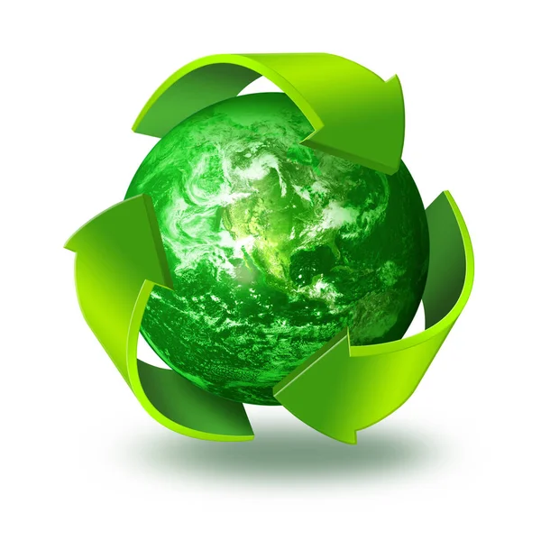 Trzy Symbole Strzałek Wokół Zielonej Planety Ziemia Recykling Koncepcji Izolowane — Zdjęcie stockowe