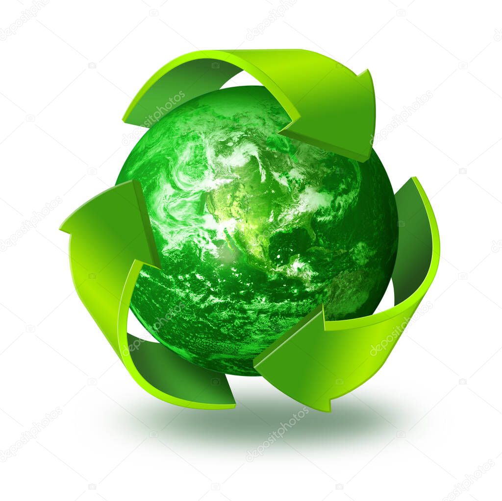 Three arrows symbol around green planet Earth, recycling concept 3d, isolated on white background