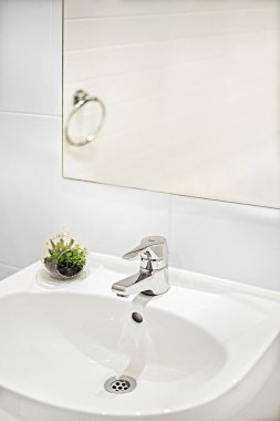 Beyaz gümüş dokunun ve yeşil bitki ile lavabo
