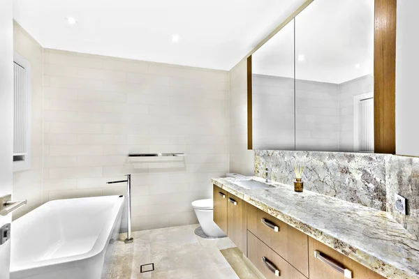 Renkli yıkama odası banyo küveti ve aynalar. — Stok fotoğraf