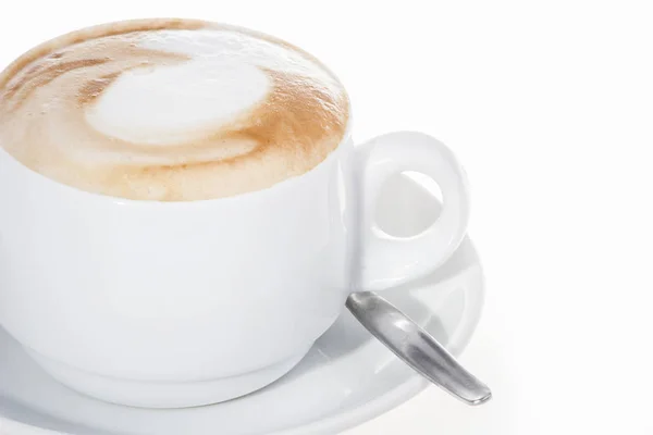 Melk cup met witte tabel en lepel — Stockfoto