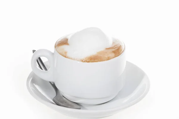 Volle melk cup met lepel en plaat — Stockfoto