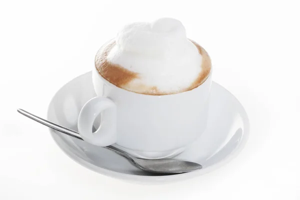 Tazza di latte bianco con caffè e piatto — Foto Stock