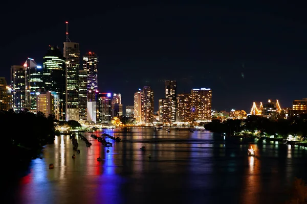 Foto Larga Exposición Del Horizonte Brisbane Por Noche Skyline Brisbane —  Fotos de Stock