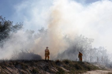 Brisbane, Avustralya - 28 Mayıs 2016: Avustralya çalı yangınları. İtfaiyeciler yaz ateşi mevsiminde yangınla mücadele ederler.