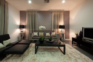 Lüks bir ev. Oturma odası, kanepe, masa ve televizyon. Yüksek kalite fotoğraf