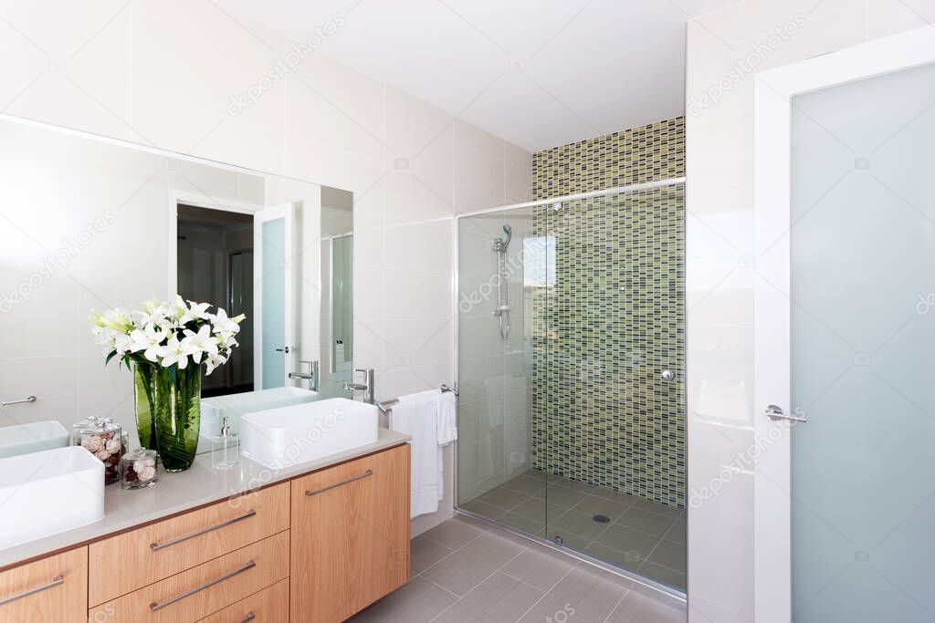 A luxury modern bathroom interior design view