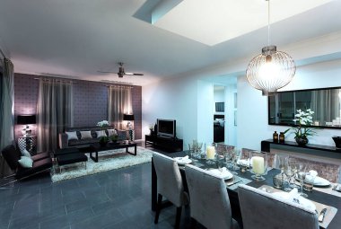 Modern yemek odası ve yemek masası.