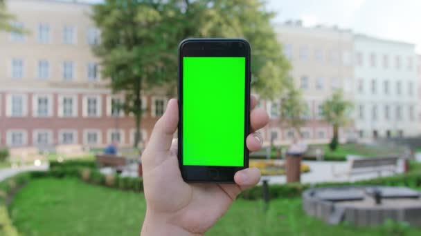 Una mano che tiene un telefono con uno schermo verde — Video Stock