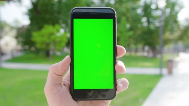 Una mano sosteniendo un teléfono con una pantalla verde — Vídeo de stock