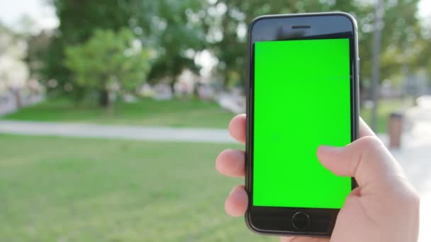 Ένα χέρι κρατώντας ένα τηλέφωνο με μια πράσινη οθόνη — Αρχείο Βίντεο