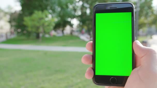 Una mano sosteniendo un teléfono con una pantalla verde — Vídeo de stock