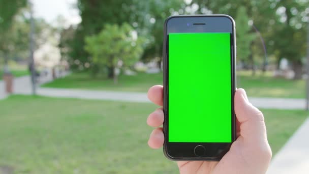 Una mano sosteniendo un teléfono con una pantalla verde — Vídeo de stock