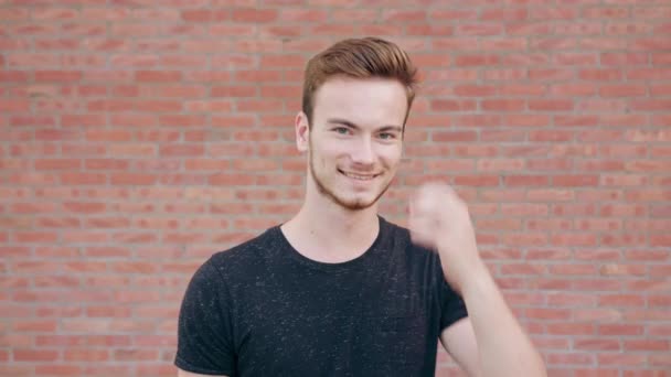 Feliz hombre sonriente con barba contra una pared de ladrillo — Vídeos de Stock