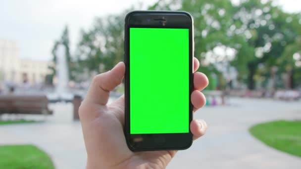 Una mano sosteniendo un teléfono con una pantalla verde — Vídeo de stock