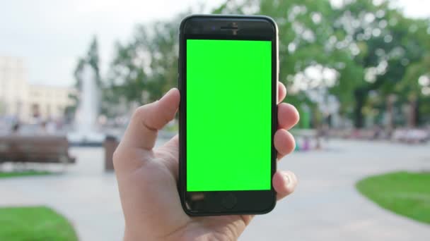 Una mano sosteniendo un teléfono con una pantalla verde — Vídeo de stock