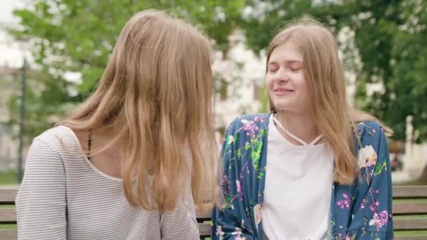 Jeunes femmes parlant sur un banc en ville — Video