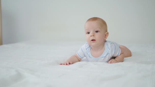 Lindo bebé arrastrándose en su cama en casa — Vídeos de Stock