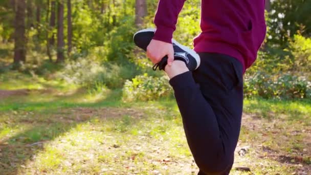 Joven estirándose en el bosque — Vídeos de Stock