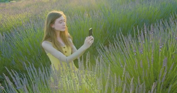 Lady biorąc selfie w polu — Wideo stockowe