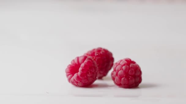 Rote nasse Himbeeren fallen herunter — Stockvideo