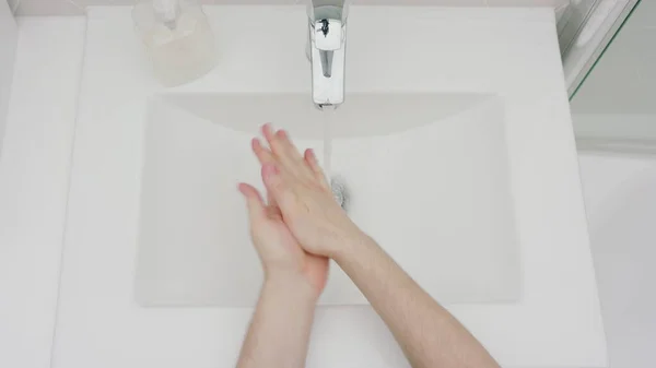 Top View Shows Man Washing Hands Pumping Liquid Soap Palms — Stock Photo, Image