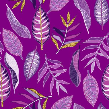 Tropikal yaprak, çiçek ve altın sparkles sorunsuz arka plan.