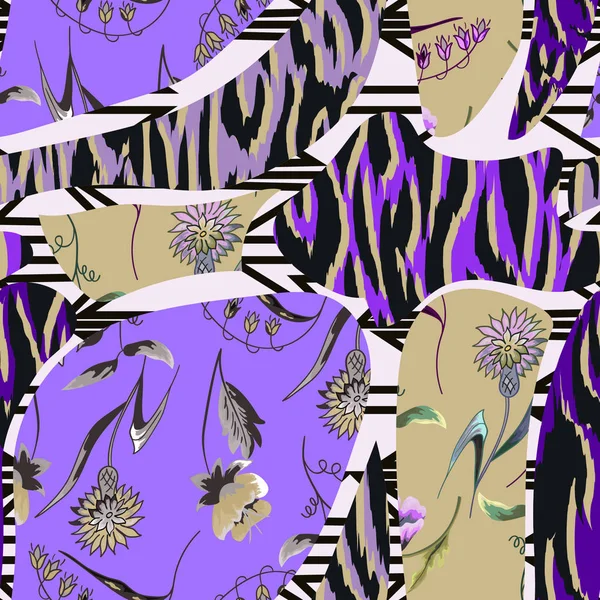 花とトラの縞を持つ抽象的なシームレス パターン — ストックベクタ