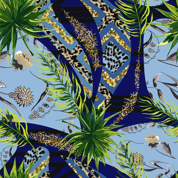 熱帯の葉と花と斑点を付けられたジャガーの抽象的なシームレス パターン — ストックベクタ